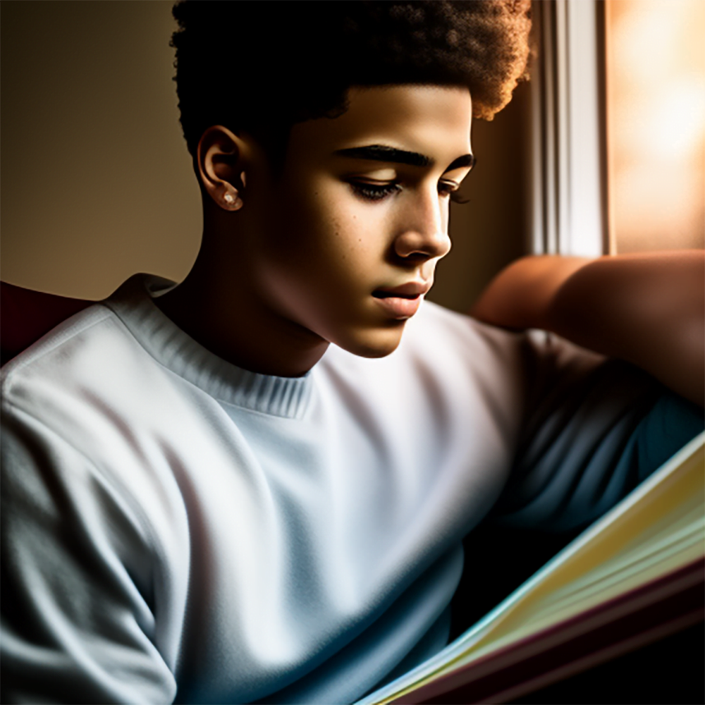 Teenage boy reading a book near a window
