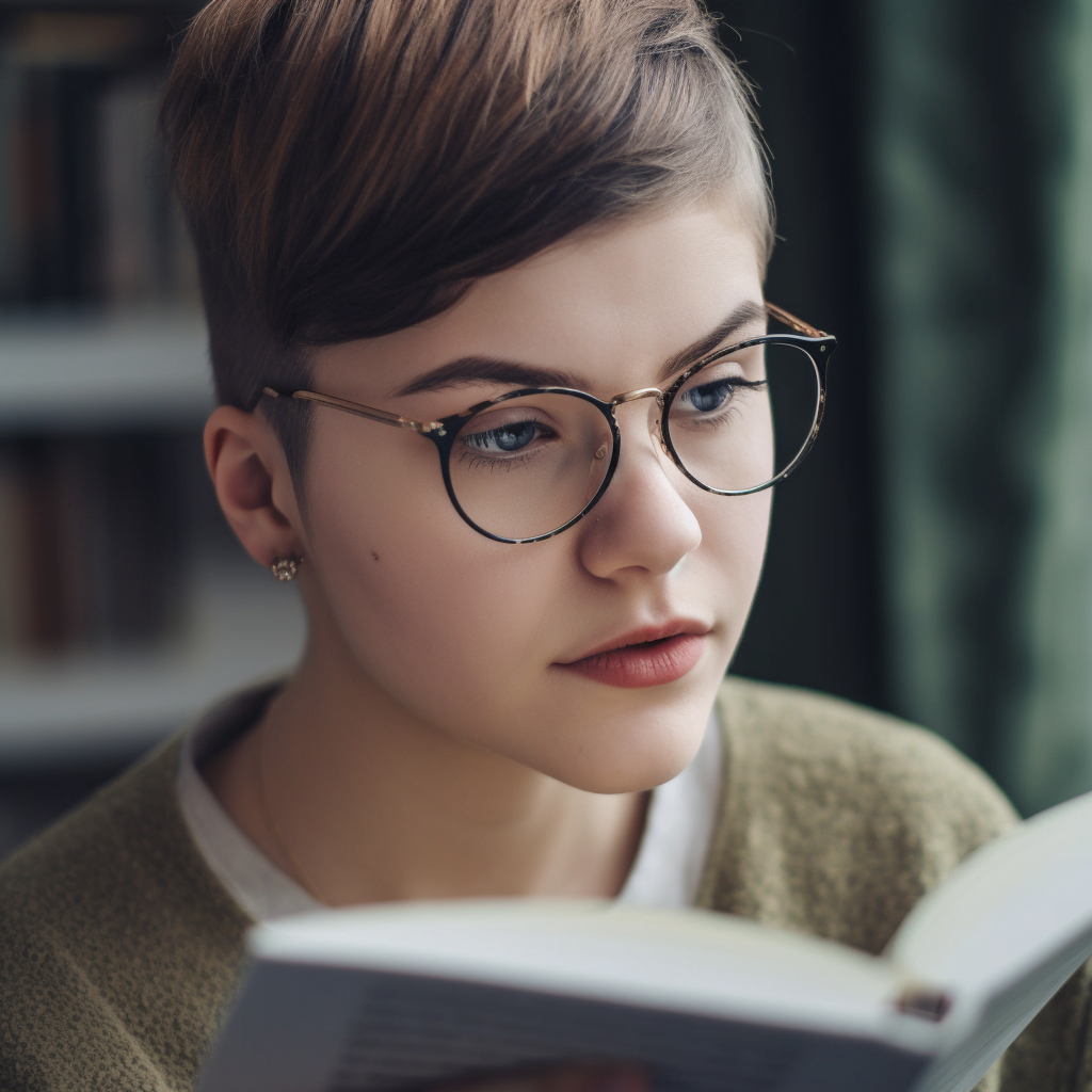 A girl reading a book, with short brown hair and glasses