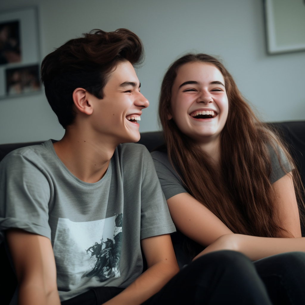 A couple of laughing teens on the couch