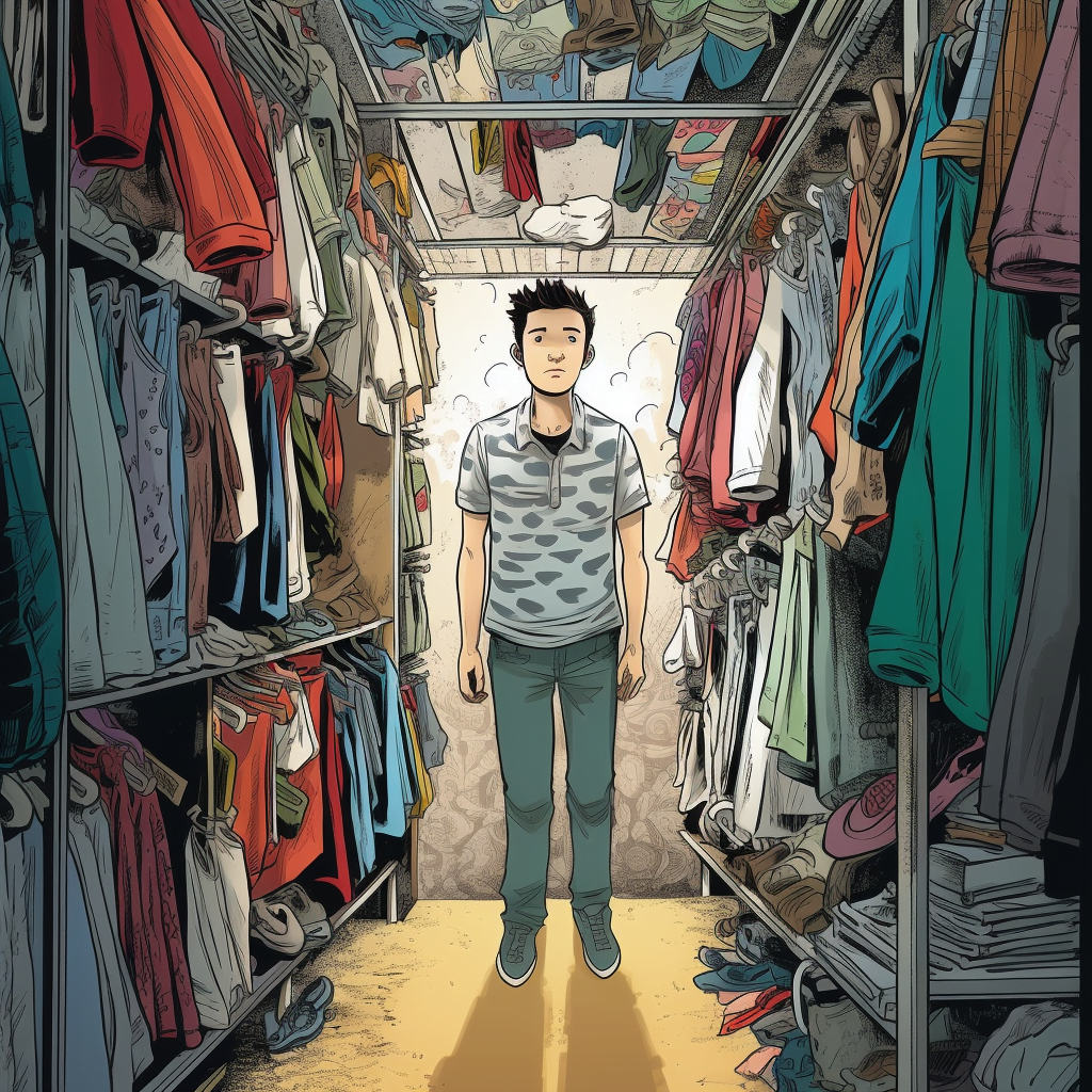 A boy stands in the closet, afraid to come out
